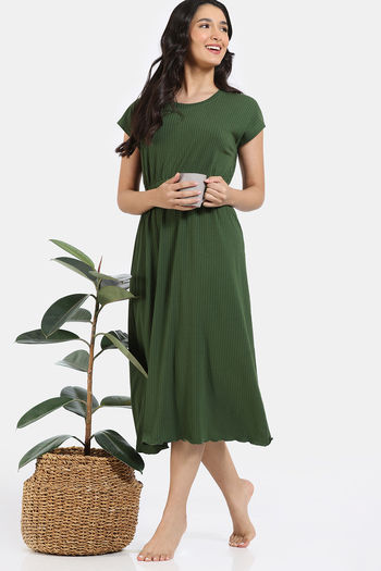 Buy Zivame Out Of Bed Knit Poly Knee Length Nightdress - Rifle green